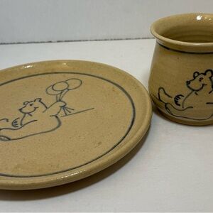 Tan Pottery Plate and Cup Set with Bear Design
